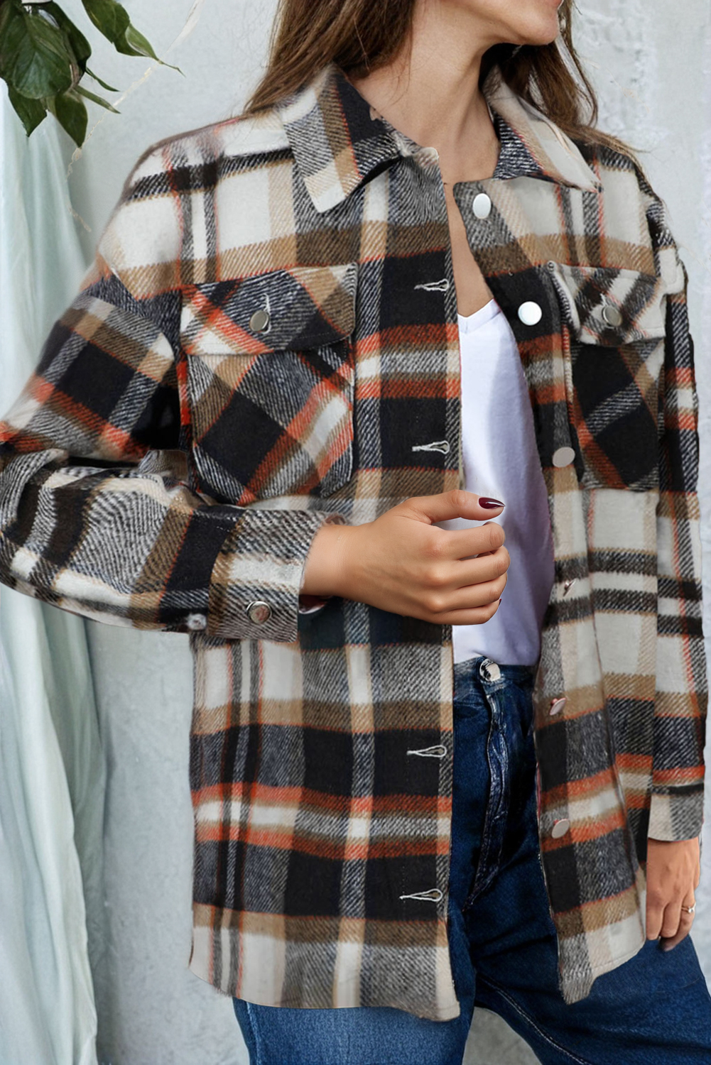 1 the Woman - Wholesale Shirt Jacket/Shacket - Women's - Geometric Plaid Print Pocketed Shacket0