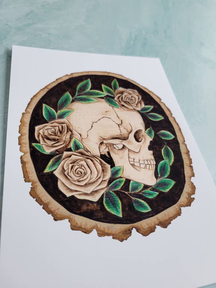Woodburned Skull with Roses - Art Print for wholesale by Unstrung Studios