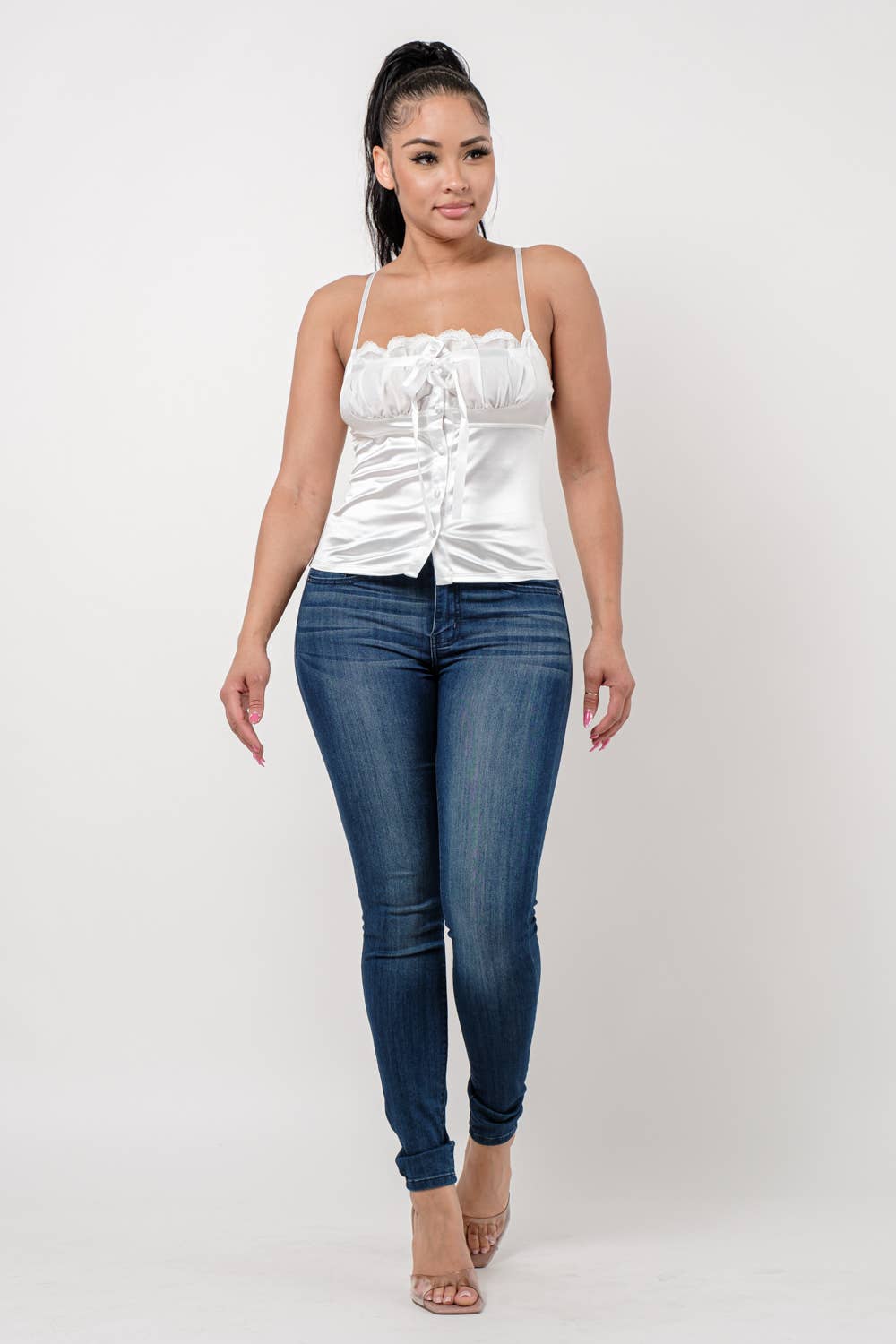 Julia by LoveJ - Wholesale Blouse - Women's - Buttons Mesh Ruched Lace Trim Front Tie Top16