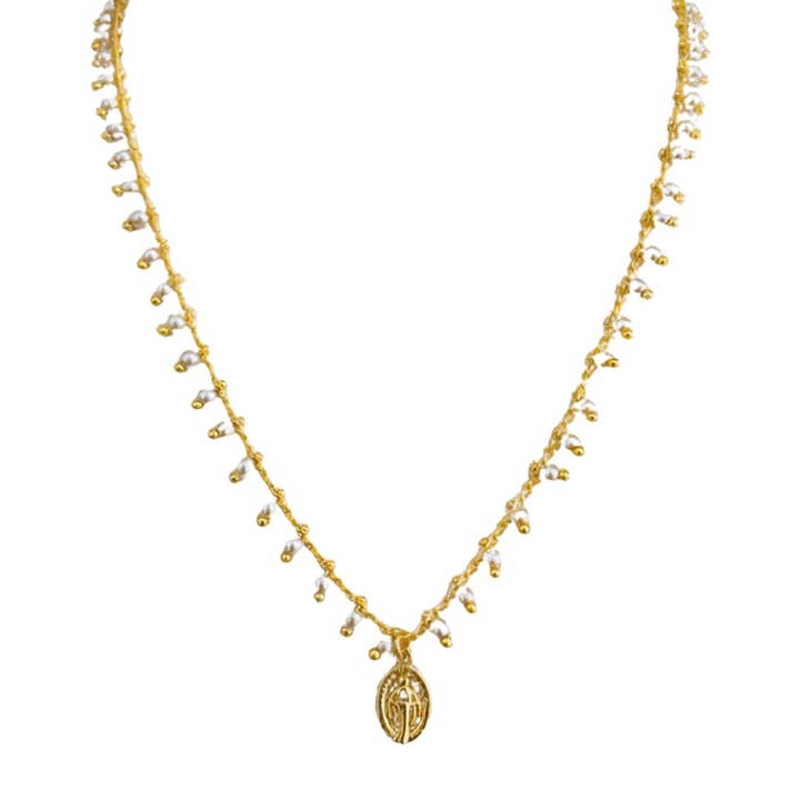 Guadalupe Gifts - Wholesale Pendant/Charm Necklace - Gold-Plated Miraculous Medal Mini-Pearl Beaded Necklace 18-inch0