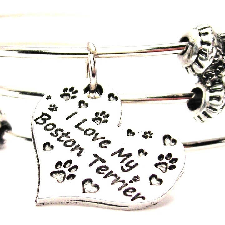 Bracelet jonc I Love My Boston Terrier Coeur Triple Style pour la vente par Chubby Chico Charms
