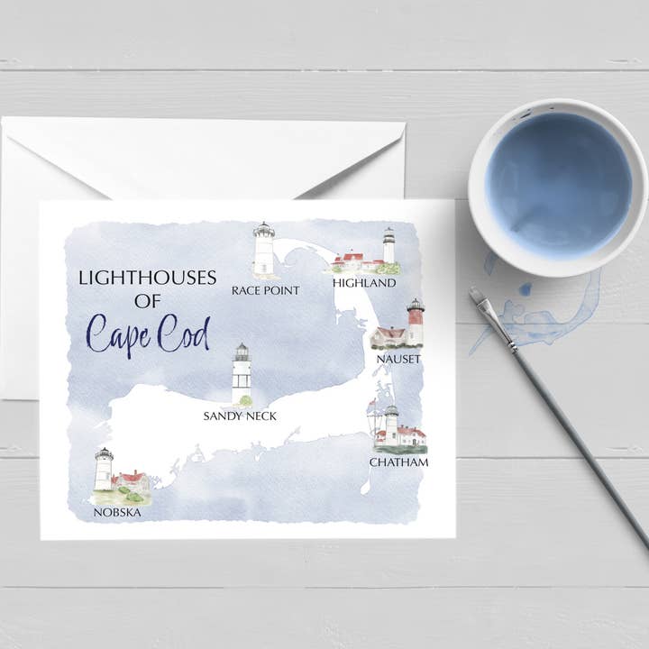 WonderfullyWrittenCo - Wholesale Everyday Greeting Card - Lighthouses of Cape Cod Map Watercolor Greeting Card