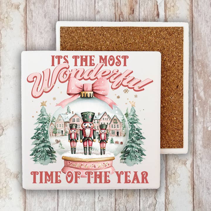 Pink Christmas Nutcracker Snow Globe Stone Coaster for wholesale by Avery Lane Gifts