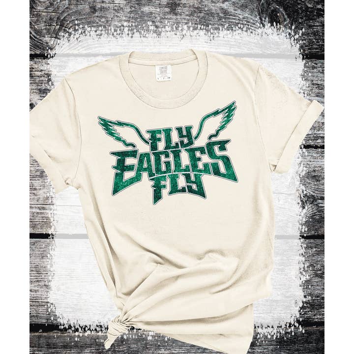A Blessed Texas Mess Boutique - Wholesale Screen Printed T-Shirt - Women's - Fly Eagles Fly Faux Glitter Bling Philadelphia football