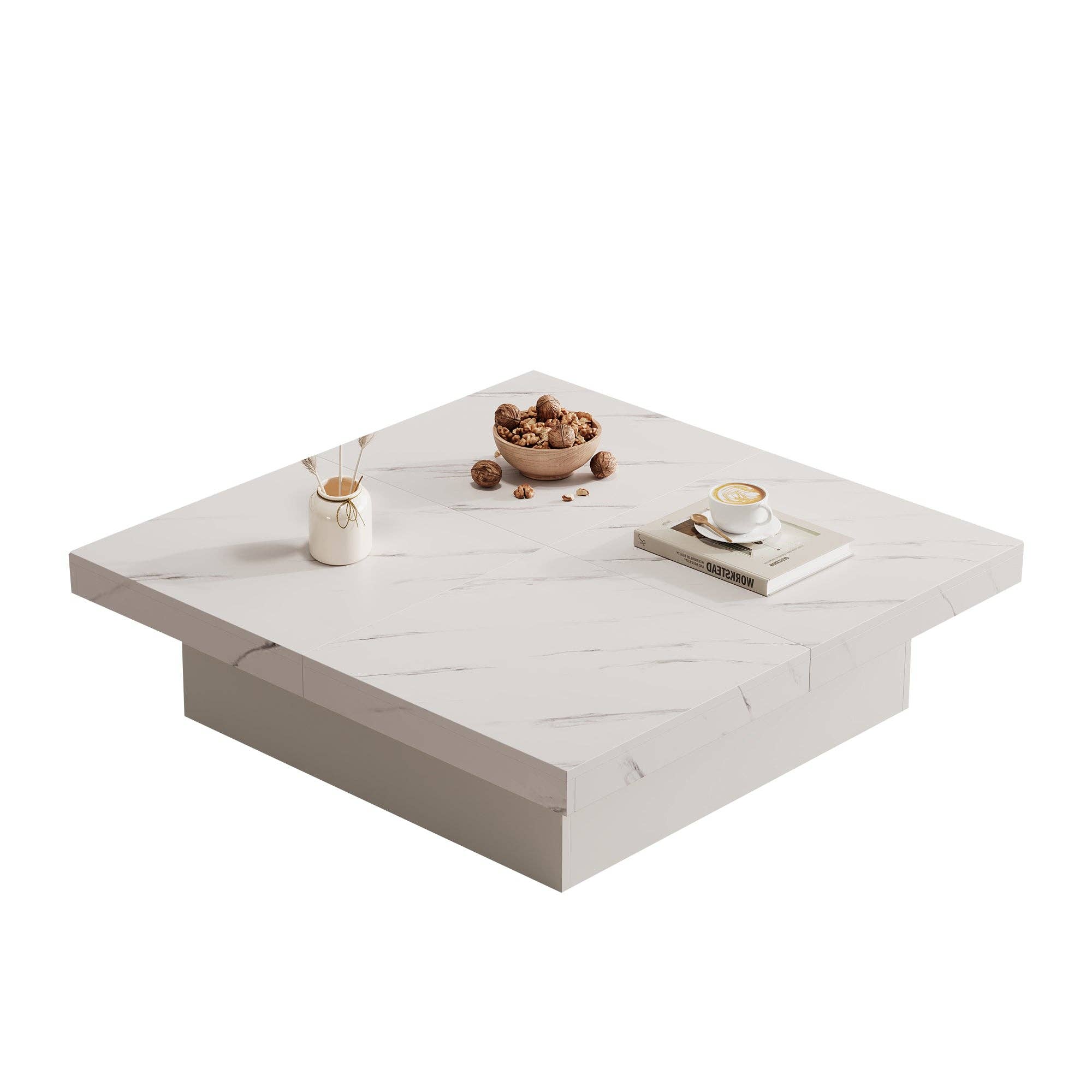 Urban Meuble - Wholesale Side Table - Modern white square coffee table with marble effect, 4 drawers, sliding top 90x90x25cm KHEKRIED37