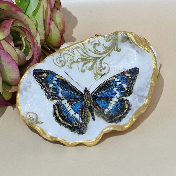 Blue Butterfly Pink Flower Oyster Shell Trinket Dish for wholesale by Bee my Oyster