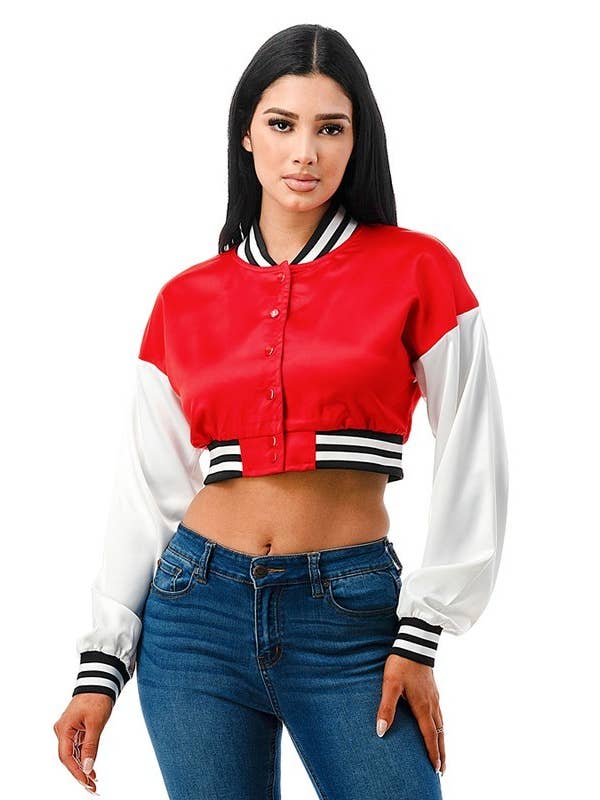 Boswell - Wholesale Varsity/Baseball Jacket - Women's - Satin Cropped Long Sleeve Varsity Jacket9