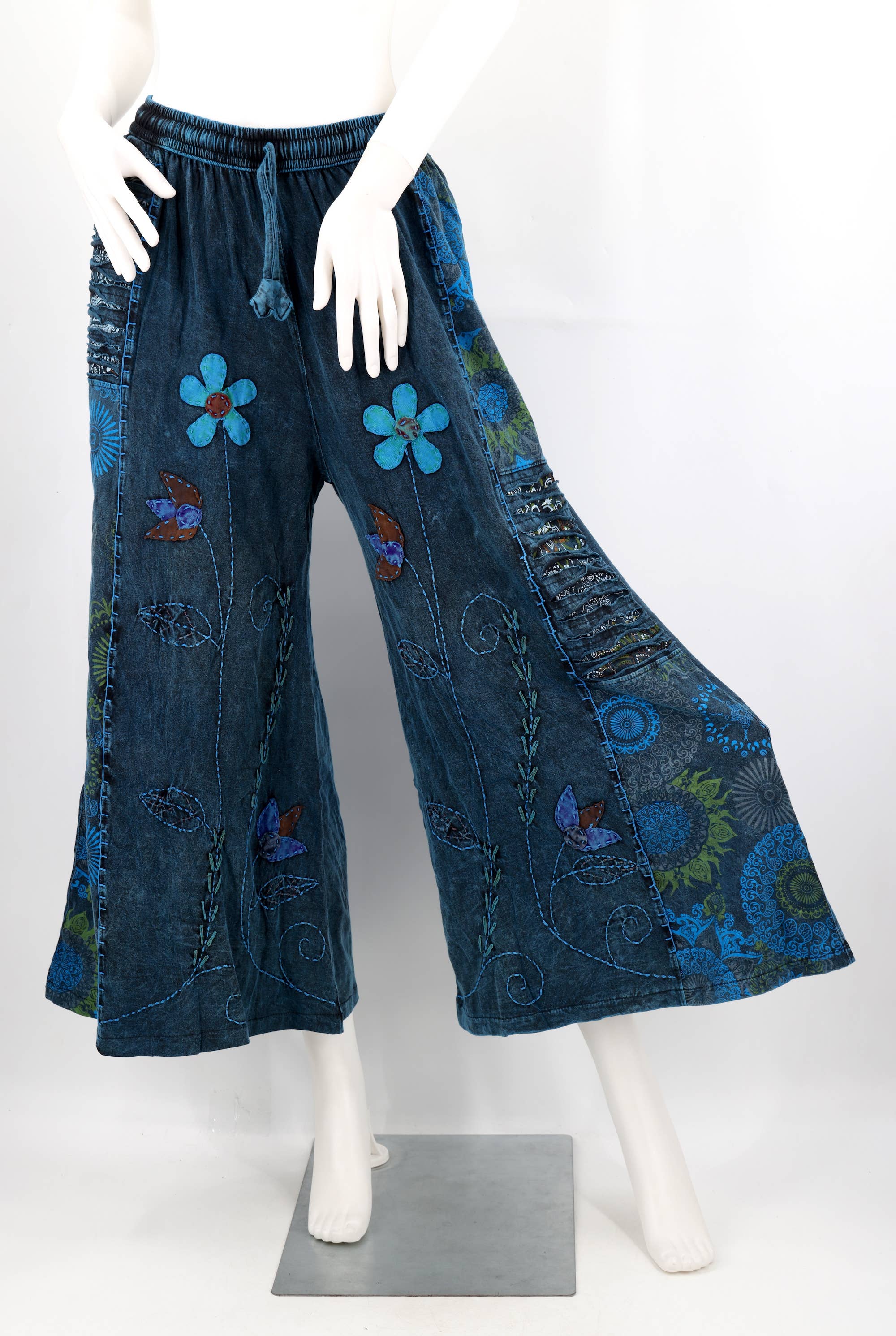 Himalaya Handmade - Wholesale Pants - Women's - Floral Embroidered Wide Leg Cotton Palazzo Pants6