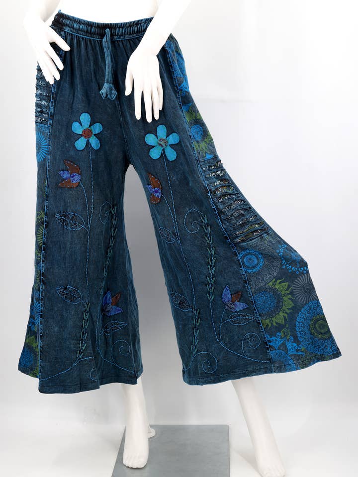 Himalaya Handmade - Wholesale Pants - Women's - Floral Embroidered Wide Leg Cotton Palazzo Pants6