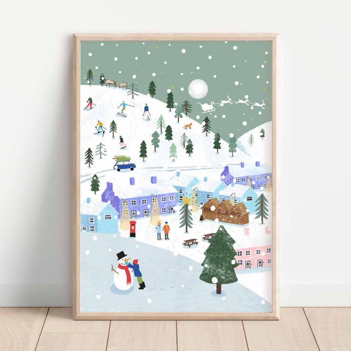 Stampa artistica con scena Wintery Snowy Village | A5 o A4 per la vendita all'ingrosso da parte di Emily Nelson