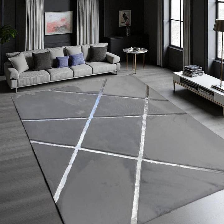Gray Plush Area Rug with Silver Metallic Lines, Faux Fur for wholesale by Karelias And Sons