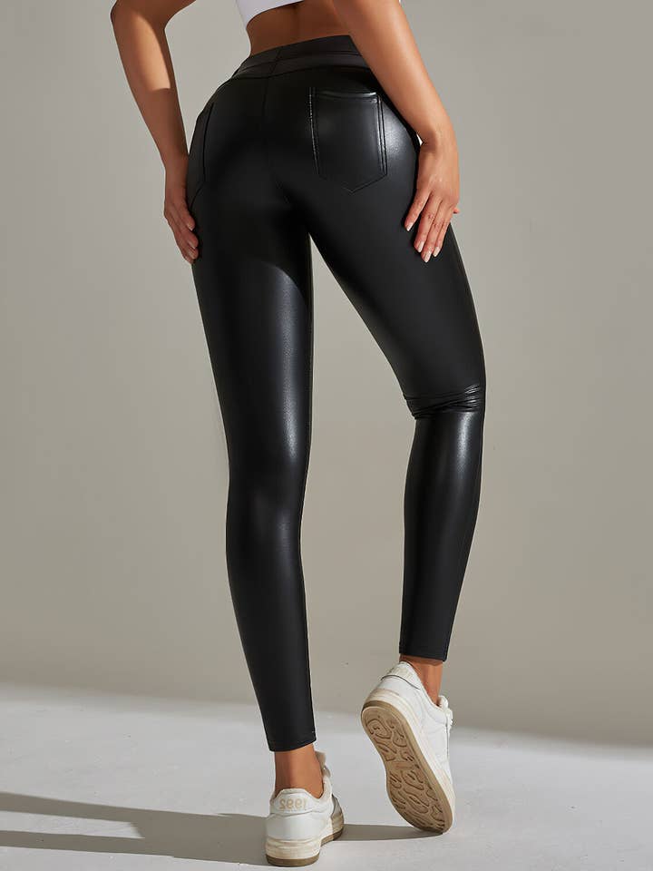 React Activewear - Wholesale Fashion Leggings - Women's - Kenna Vegan Leather Leggings - Black