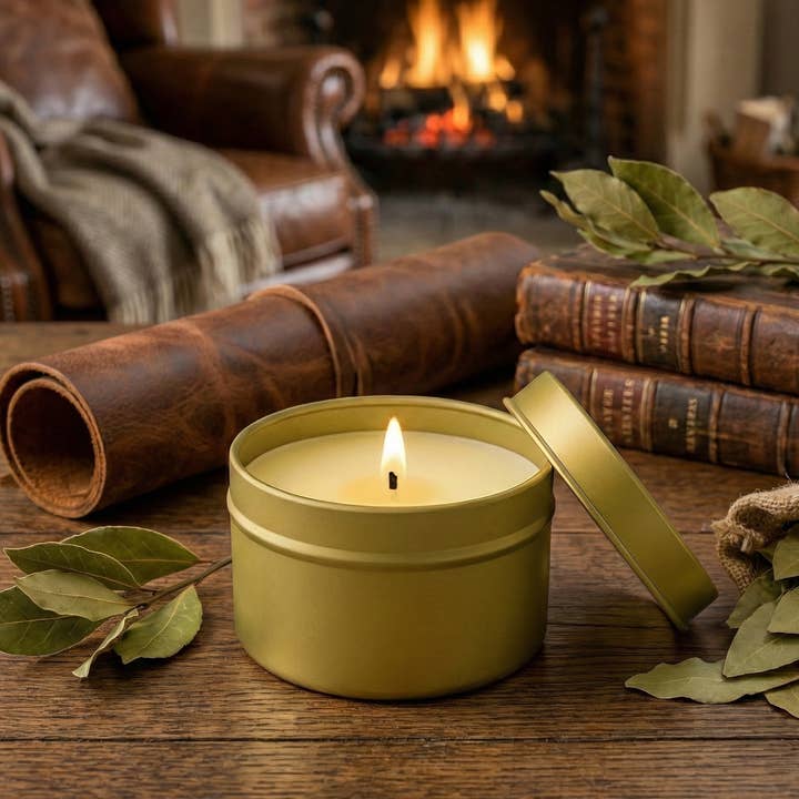 Leather and Bay Leaf Gold Tin Candle 6oz for wholesale by Abboo Candle Co