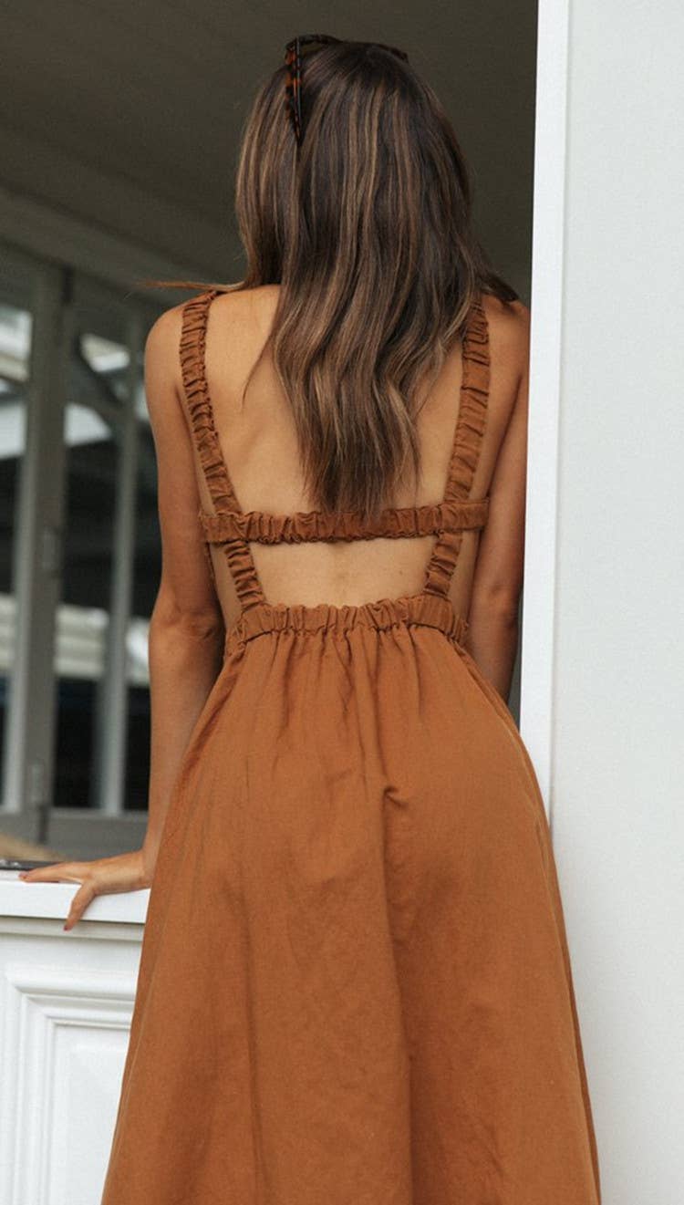 Brown Ladies Elastic Strape Back Sleeveless Midi Dress 993 for wholesale on Faire5