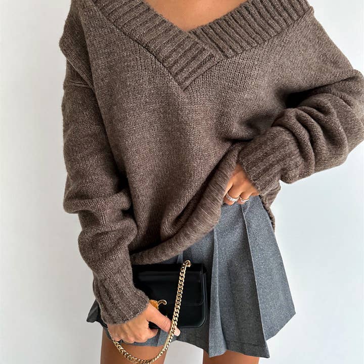 Solid V Neck Knit Sweater for wholesale by Masyal