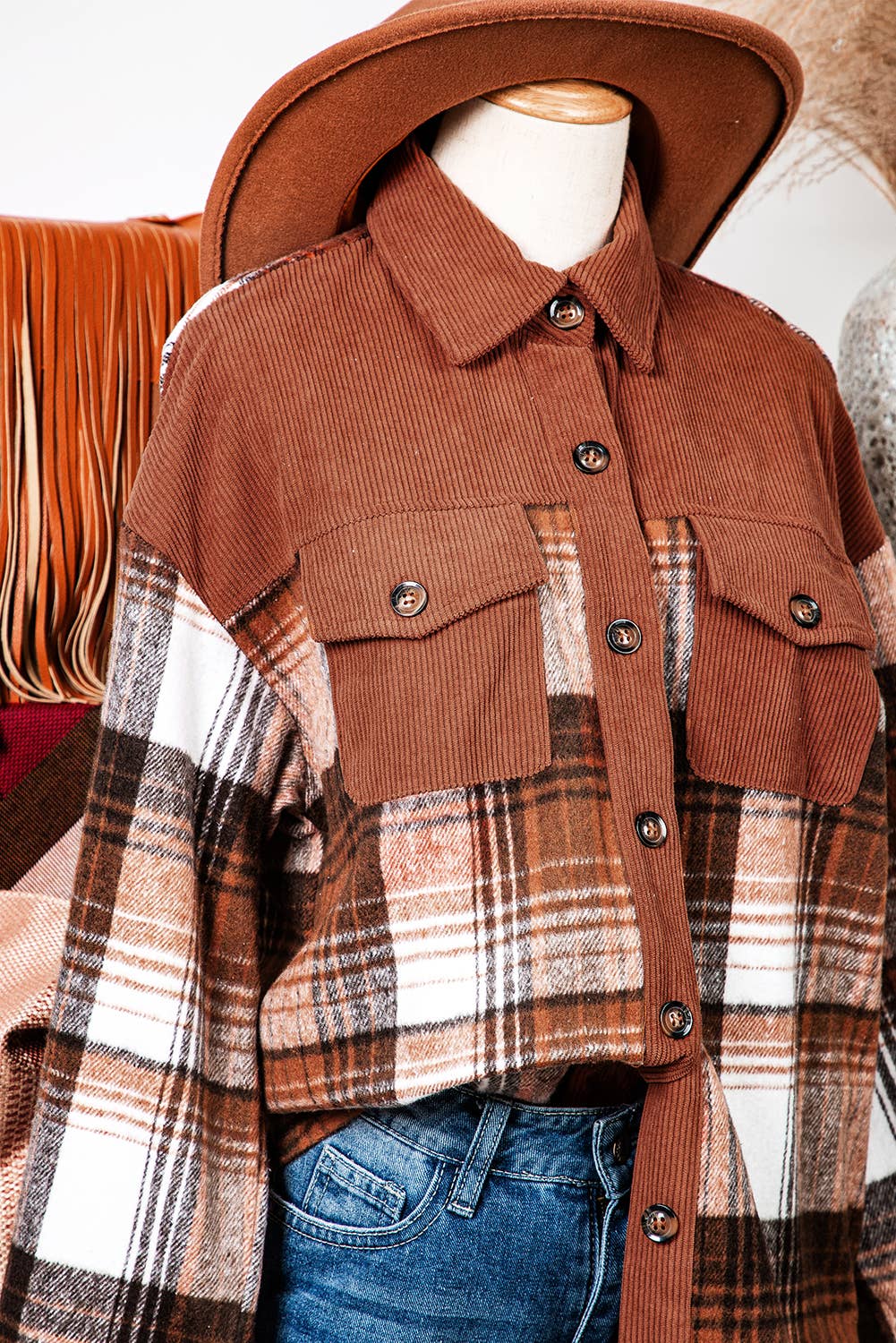 fashionworks - Vente Veste-chemise – femme - Veste d'automne en velours côtelé à carreaux et patchwork à la mode7