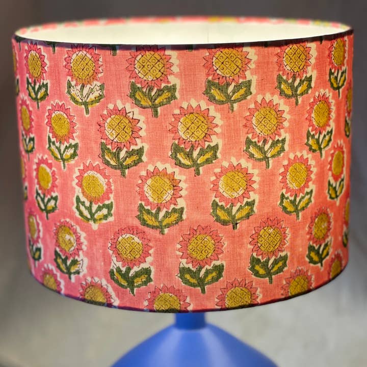 Olive and Limpet - Wholesale Lamp Shade - 10 Inch Drum Lampshade. Indian Hand Block Print. Ruddy Pink with Ochre and Army Green Flower Motif.