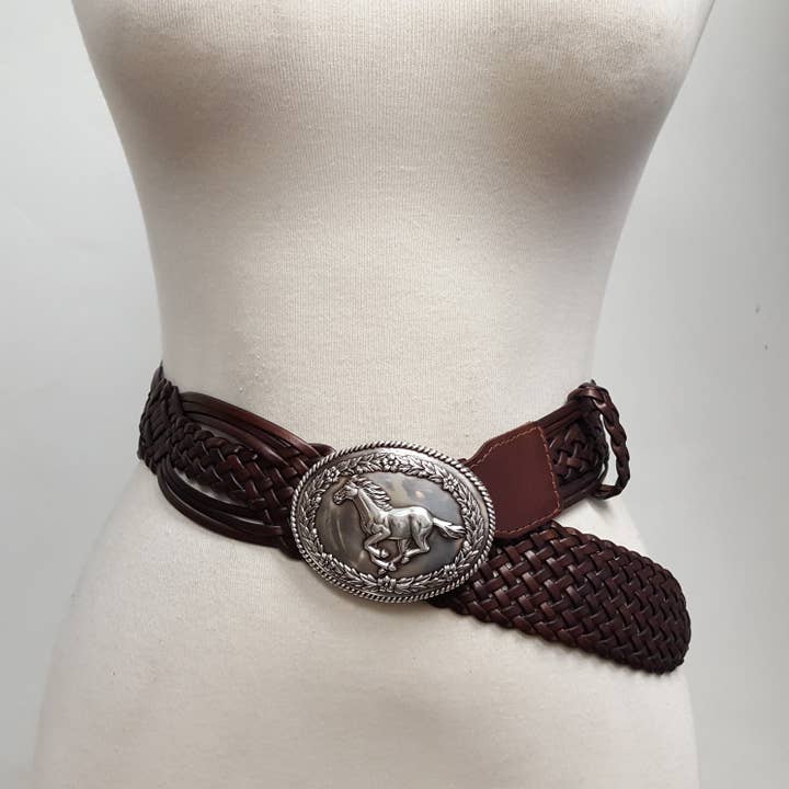 Axesoria West - Wholesale Belt - Women's - Hand Braided Leather Belt with Silver Galloping Horse Buckle