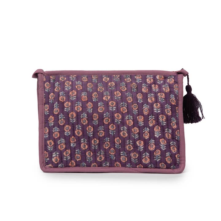 Quilted Makeup Bag with Tassel – Wash Bag for Travel & Toiletries | Boho Floral Cosmetic Pouch | Purple for wholesale by House of cotton