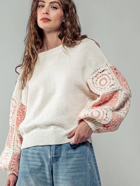 IVORY Quilt Blocked Sleeve Crewneck Sweater for wholesale on Faire