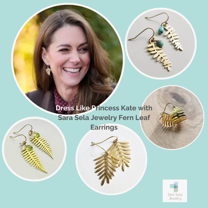 Sara Sela Jewelry – wholesale Hängande örhängen – Mässing Fern Leaf Dingle Örhängen Inspirerade av Prinsessan Kate2
