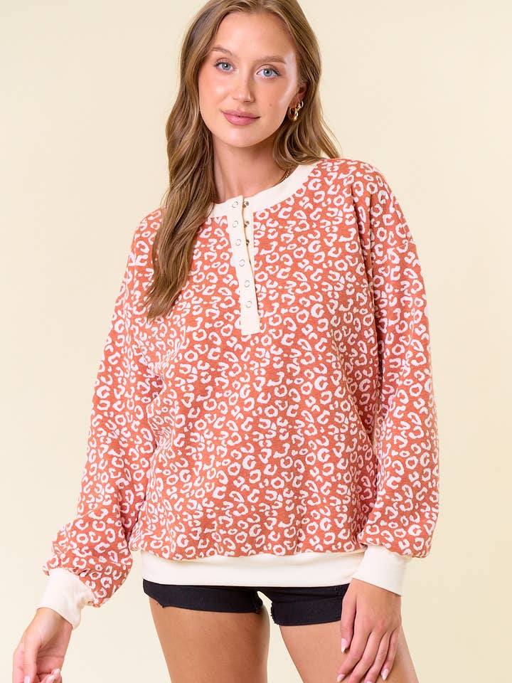 LEOPARD Jacquard Half Snap Button-Down Sweatshirt - 44608T for wholesale by Doe and Rae