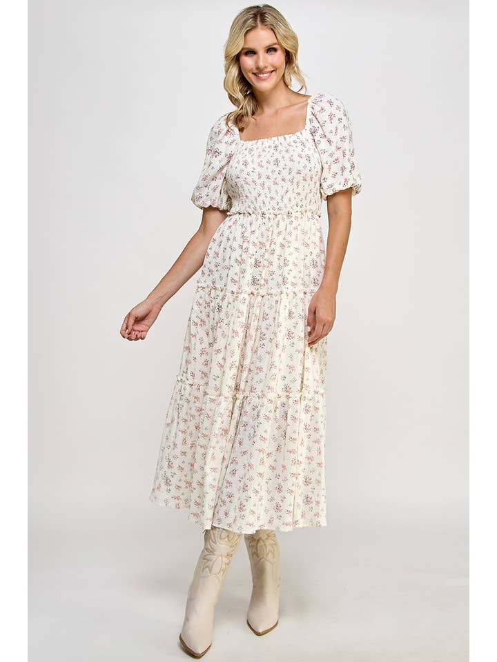 Million Colors - Wholesale Dress - Women's - Hattie Floral Puff Sleeve Square Neck Tiered Midi Dress6