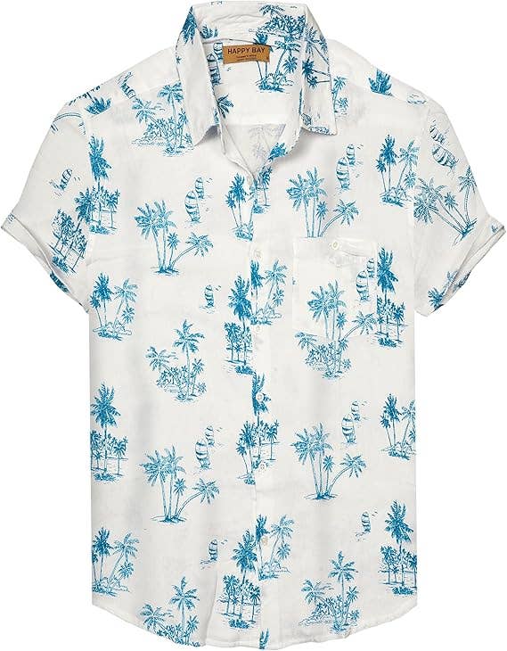 WHITE T BLUE HAPPY BAY Cotton Mens Hawaiian Shirt T_Blue Palm Tree P00440 for wholesale on Faire