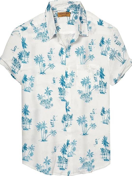 WHITE T BLUE HAPPY BAY Cotton Mens Hawaiian Shirt T_Blue Palm Tree P00440 for wholesale on Faire0