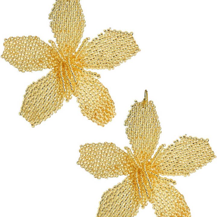 Lisi Lerch - Wholesale Dangle Earrings - Gwen - Gold Beaded Fabric Flower Earring - Hook Back - WS0