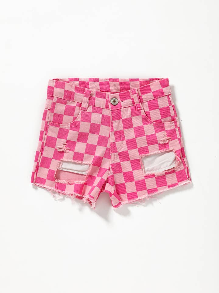 sassy kids palace - Wholesale Shorts - Kids - Girls Pink Checked Denim Shorts
