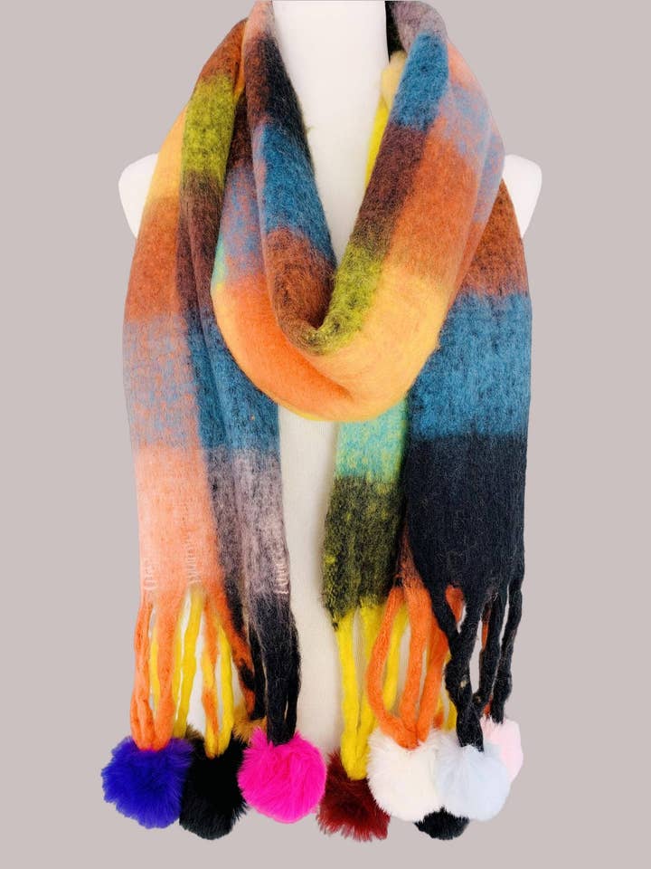 JC023504 Colorful Plaid Fuzzy Pompom Scarf for wholesale by JC Sunny Fashion