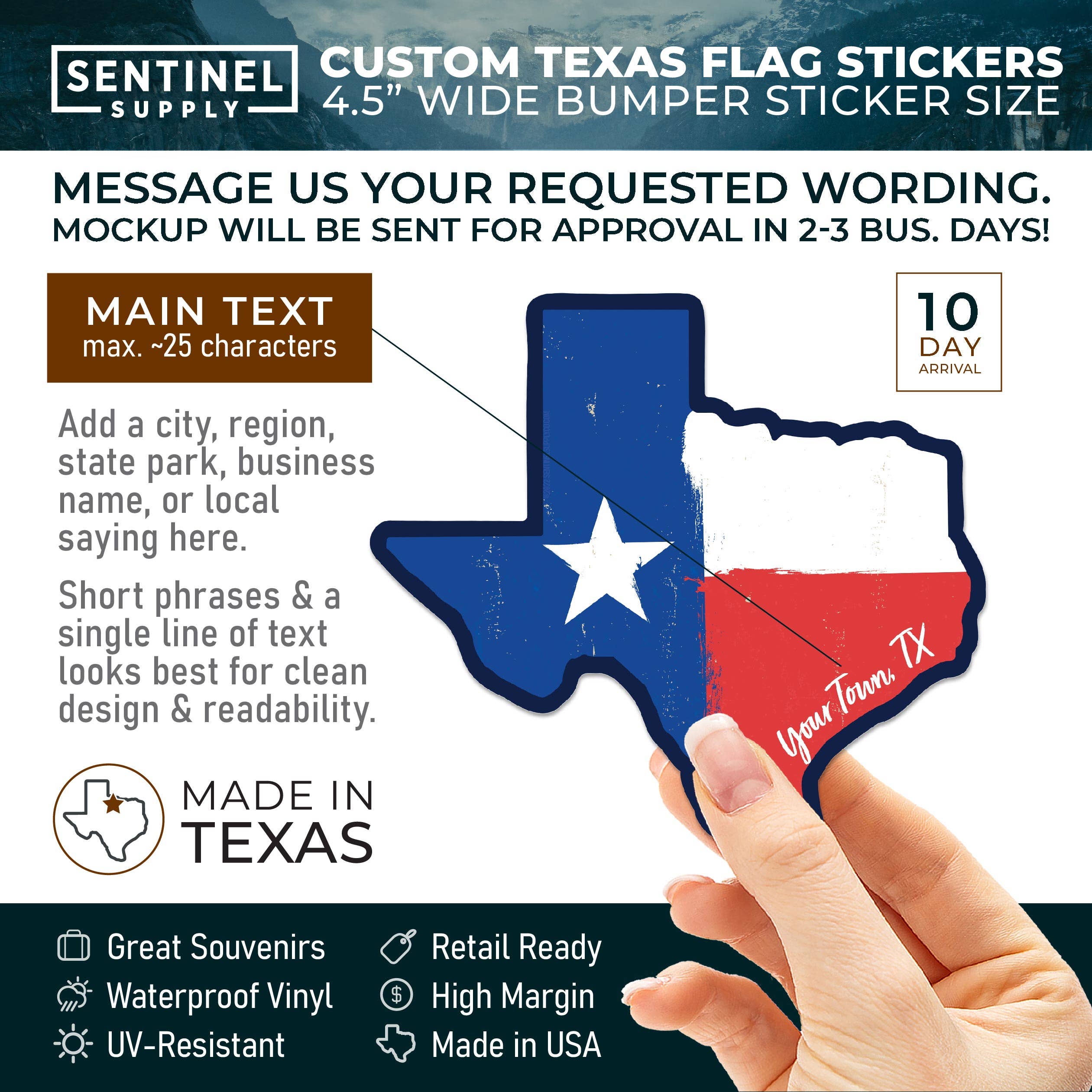 Sentinel Supply - Wholesale Sticker - Custom Texas Flag Bumper Stickers - TX Name Drop Decals9