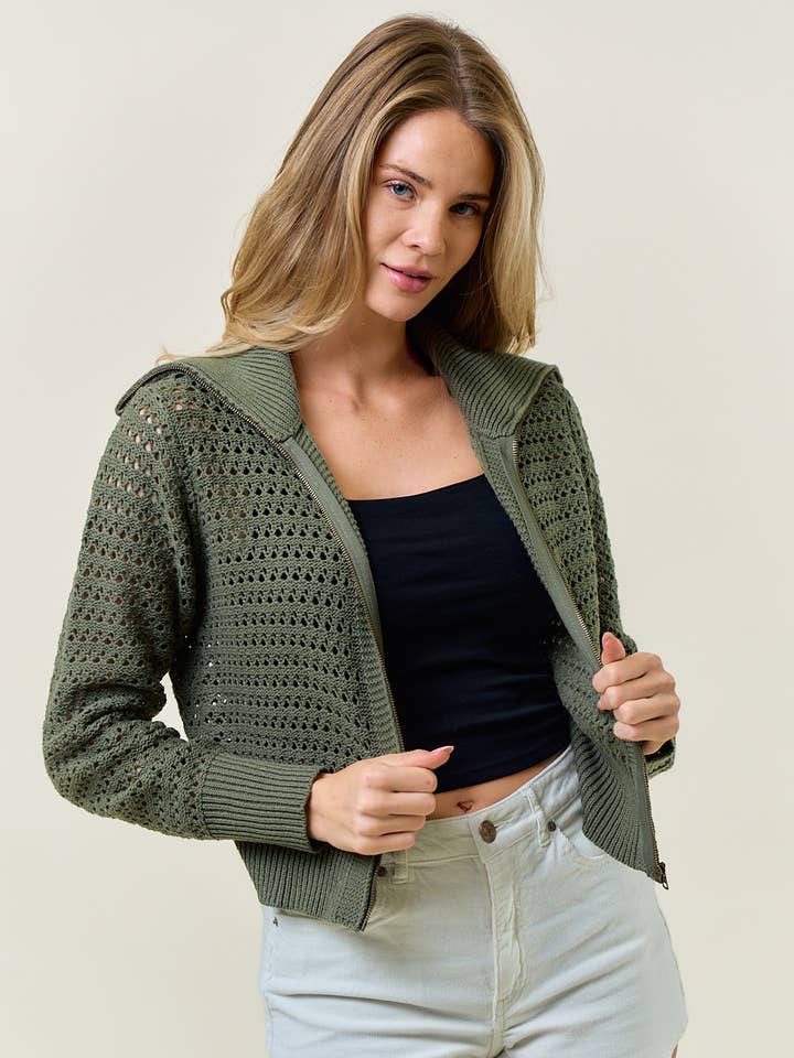 Zip-Up Pointelle Open Knit Sweater Jacket - 10615J for wholesale by Doe and Rae