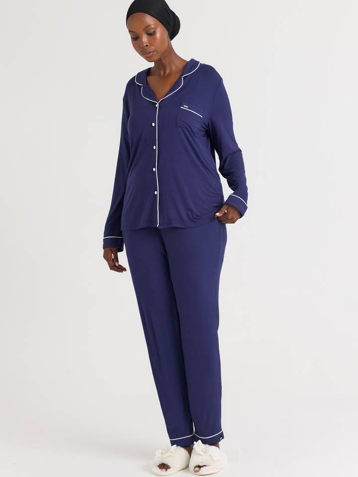 Bamboo Long Pyjama Set in Midnight for wholesale by Pretty You London