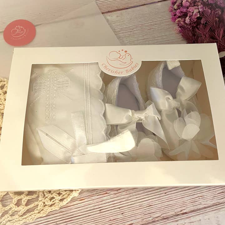 CherisherBabies - Wholesale Clothing Set - Baby - Baptism bonnet, Embroidery cross baby Christening Bonnet Set4