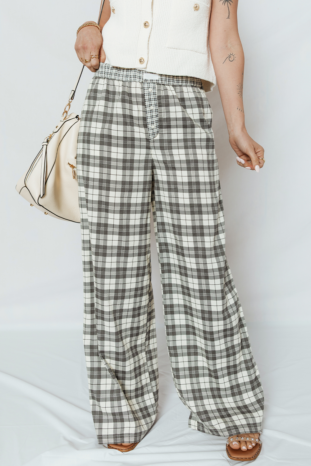 Gray Plaid Patchwork Wide Leg Pants for wholesale on Faire3