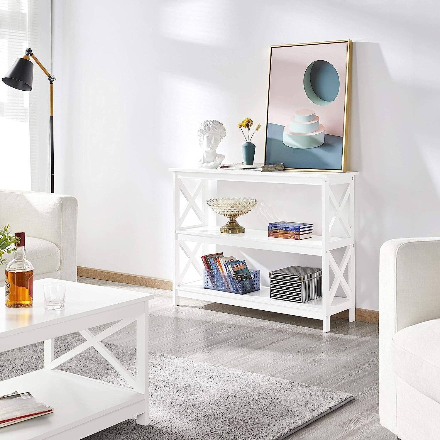 White Three Tier Console Table With Storage Shelves for wholesale on Faire7