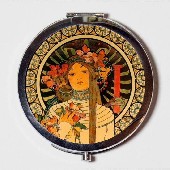 Alphonse Mucha Compact Mirror - Flower Bouquet Art Nouveau Edwardian Boho Gypsy - Make Up Pocket Mirror for Cosmetics for wholesale by FringePop