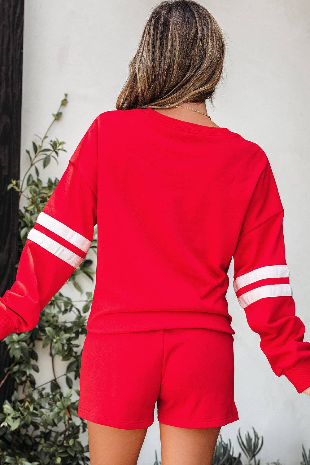 Fiery Red Varsity Striped Sleeve Drop Shoulder Sweatshirt and Short Set for wholesale on Faire1