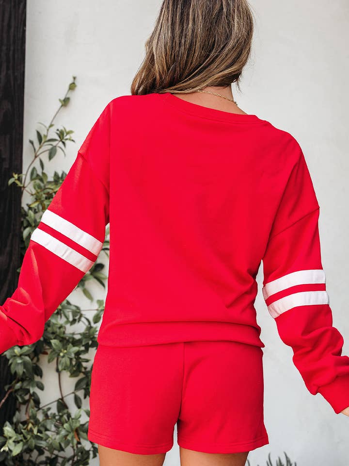 Fiery Red Varsity Striped Sleeve Drop Shoulder Sweatshirt and Short Set for wholesale on Faire1