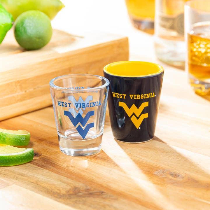 West Virginia University 4-Piece Ceramic and Glass 2oz. Shot for wholesale by Evergreen Enterprises