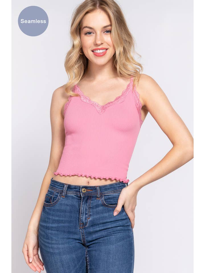 Active Basic | Active USA - Wholesale Camisole - Women's - V-neck Lace Detail Seamless Rib Knit Cami Top