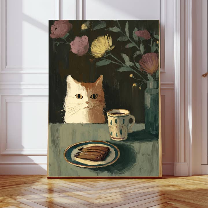 White Cat Table Watching Art Print for wholesale by Kumo Art Prints