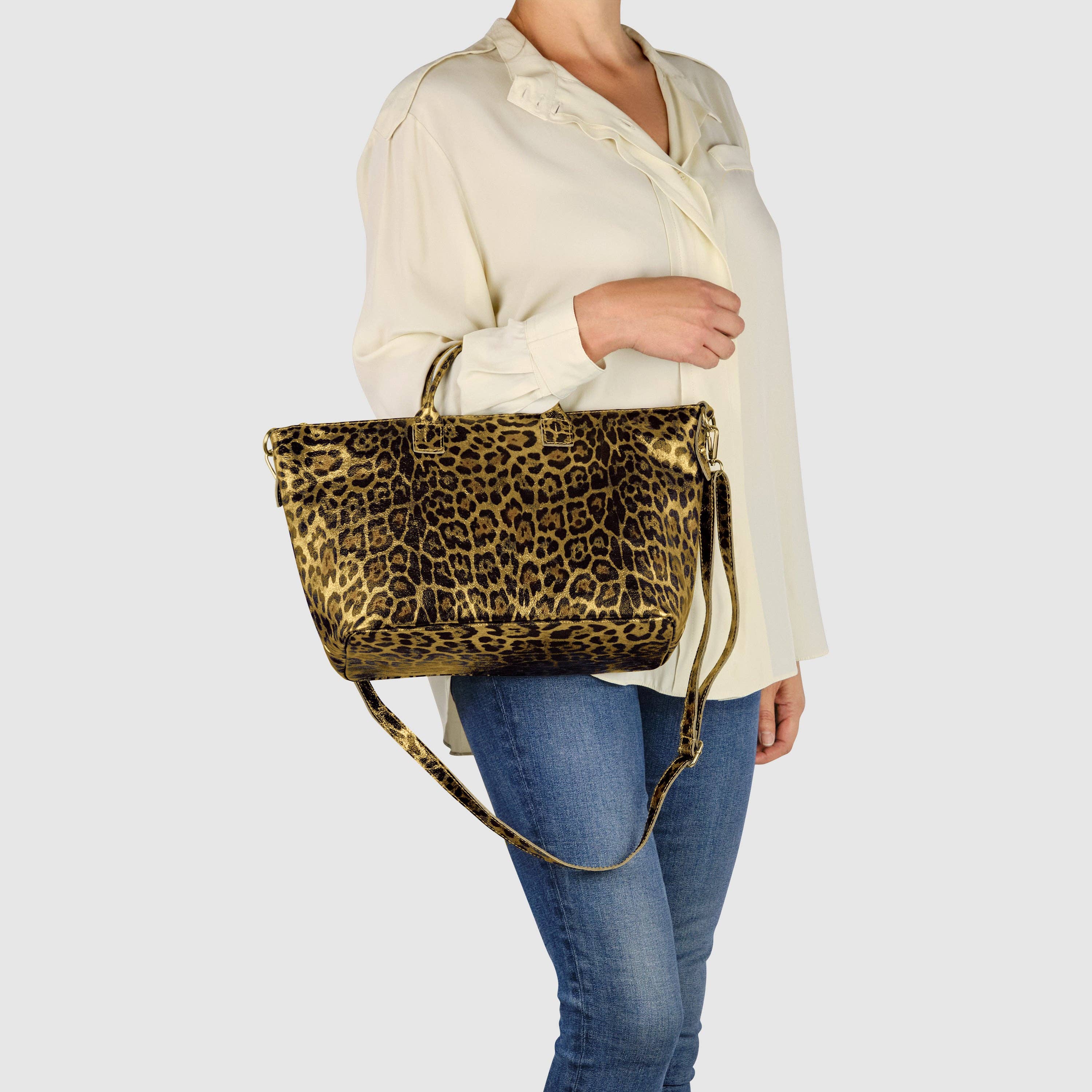 TAKEASY - Vendita all'ingrosso Borsa con manico - Donna - Borsa a Mano in Pelle Scamosciata Metallica Leopardata8