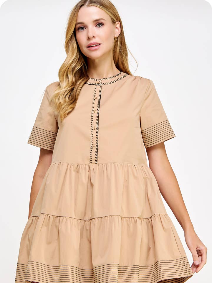Top-Stitch Short Sleeve Tiered Mini Dress for wholesale by Strut & Bolt