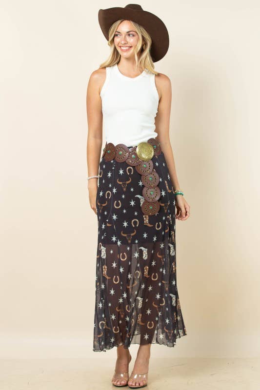 Svart/Khaki/Elfenben AS1300-DEMI VÄSTERLÄNDSKA ELEMENT TRYCKT FODRAD MAXI MESH KJOL för wholesale på Faire2