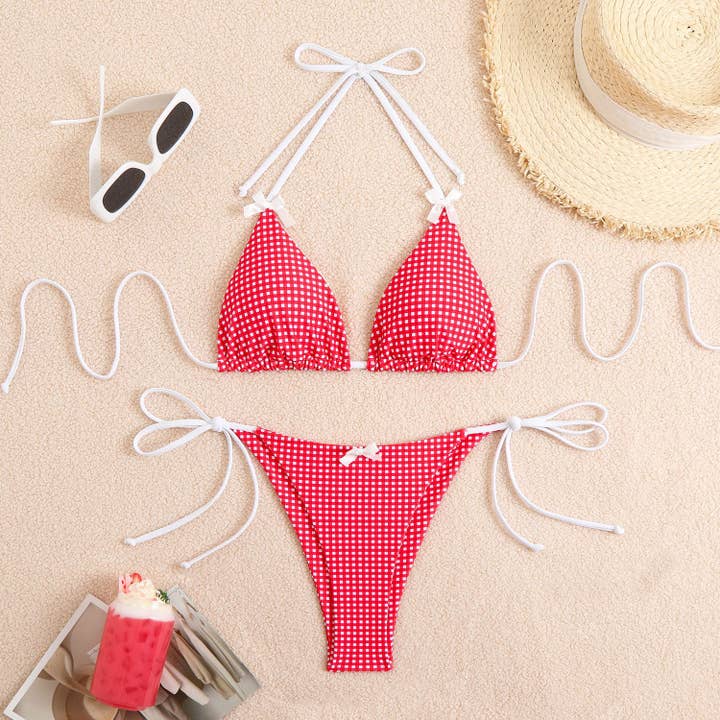 HIDDENBRAND - Wholesale Two Piece Swimsuit - Women's - Check Bow Sexy Split Bikini Swimsuit3