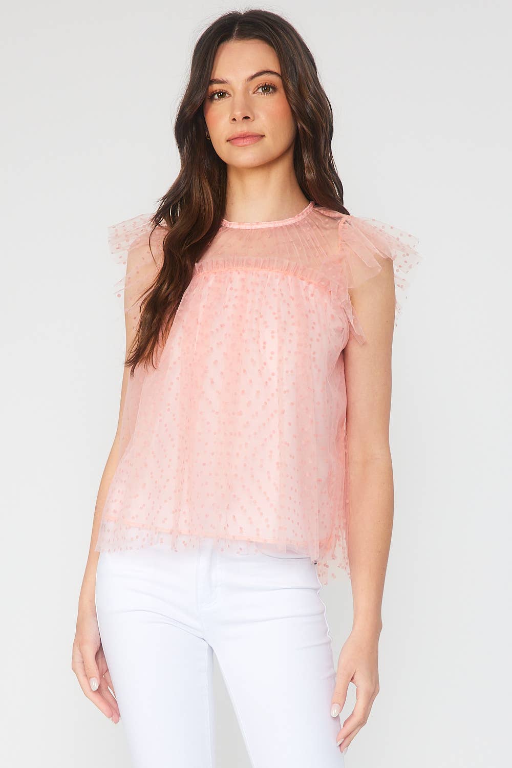 FSL Apparel - Wholesale Blouse - Women's - ST3753 - MINI DOT FLOCKING MESH TULLE TOP