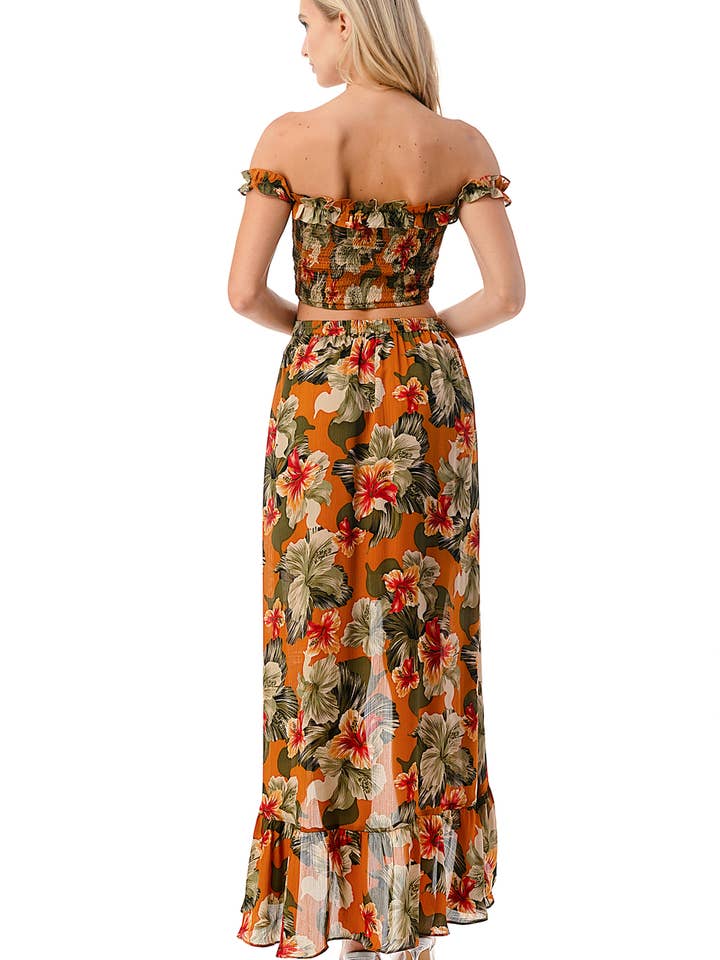 Orangen Tropisches Zweiteiler-Set - Gesmoktes Oberteil & Maxirock für den Großhandel auf Faire4